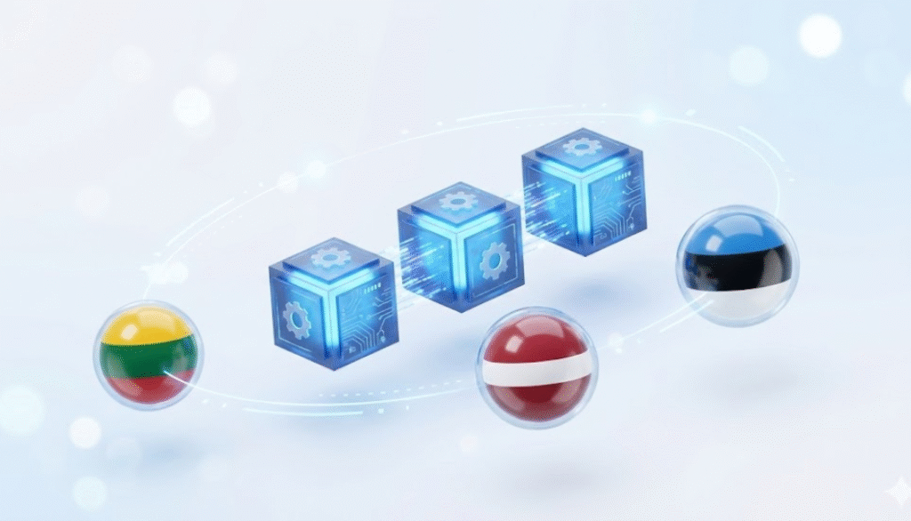 Nemokami WordPress vertimo paketai ir įrankiai. 3D vizualizacija su Lietuvos, Latvijos ir Estijos vėliavomis, sujungtomis į bendrą lokalizacijos tinklą.