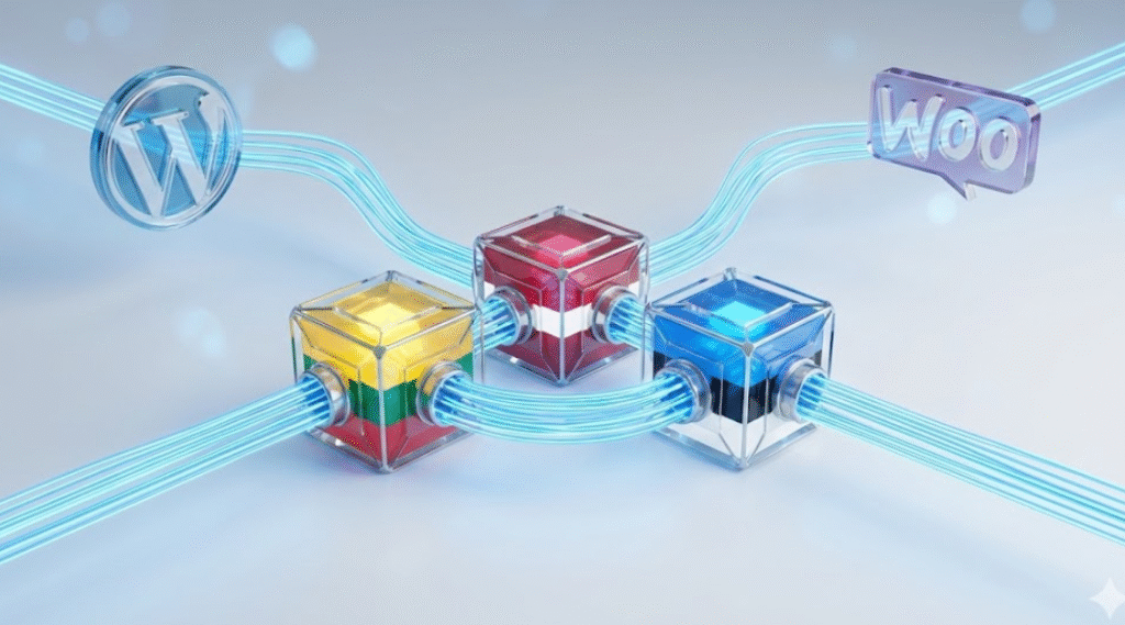 Premium WordPress įskiepių lokalizacijos failai. Technologiniai duomenų blokai simbolizuojantys sudėtingus WooCommerce ir Elementor vertimus, sujungti su Baltijos šalių vėliavomis