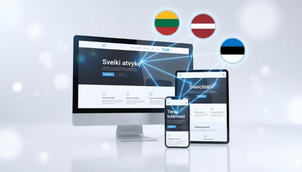 Kompiuterio ir telefono ekranai rodantys pilnai išverstas WordPress temas (Astra, Hello Elementor). Matomi lietuviški, latviški ir estiški vartotojo sąsajos tekstai