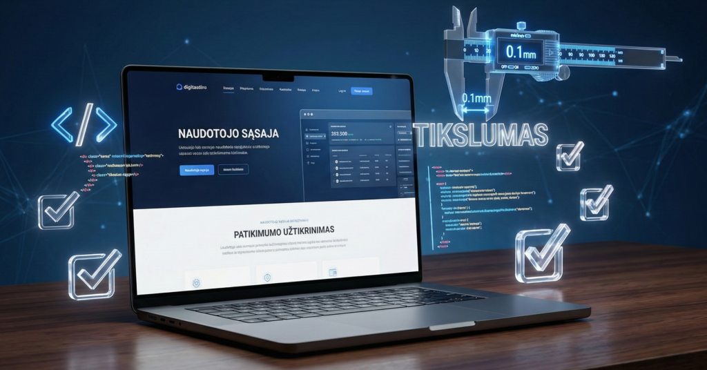 „Baltic Localize“ 0,1 mm tikslumo lokalizacijos pavyzdys: nešiojamas kompiuteris su profesionaliai išversta lietuviška sąsaja ir preciziškais inžineriniais matavimo įrankiais, simbolizuojančiais techninį vertimo tikslumą.