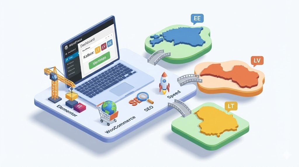 3D izometrinė iliustracija. Nešiojamas kompiuteris su WordPress skydeliu centre. Aplink jį – Elementor kranas, WooCommerce vežimėlis ir SEO įrankiai, kurie tiltais sujungti su atskiromis Lietuvos, Latvijos ir Estijos salomis.