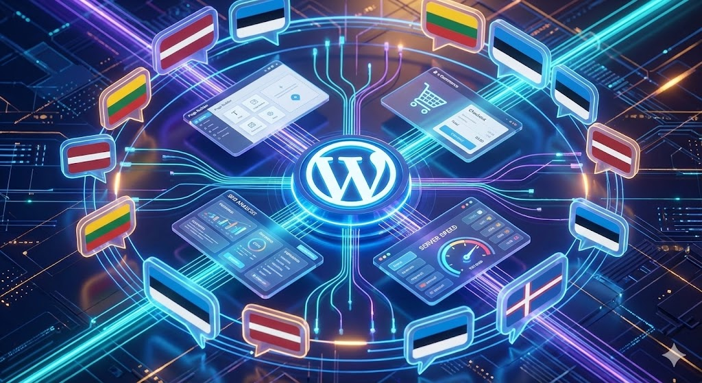 uturistinė iliustracija tamsiame fone. Centre švyti WordPress logotipas, sujungtas su įvairiais valdymo ekranais. Aplink ratu išdėstyti pokalbių burbulai su Lietuvos, Latvijos ir Estijos vėliavomis, simbolizuojantys vertimus.