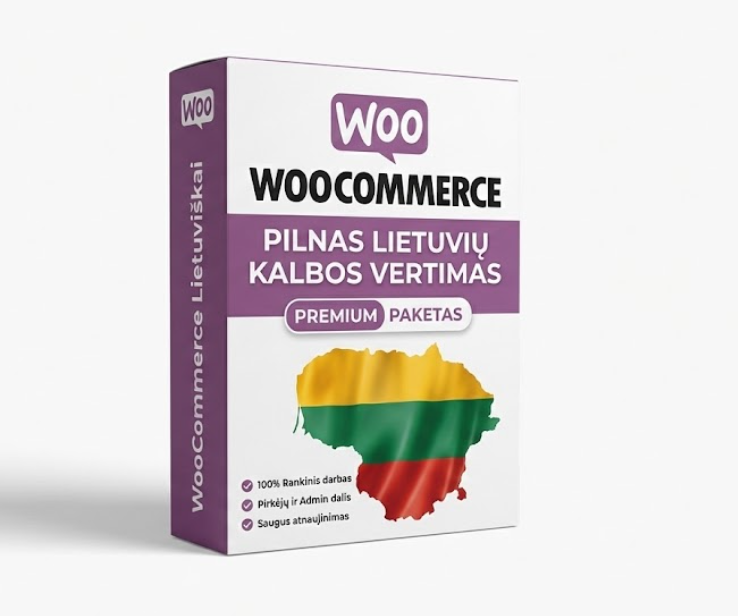 WooCommerce lietuvių kalbos vertimo paketas (Premium). Pilnai išverstas pirkėjo krepšelis, atsiskaitymas ir administratoriaus valdymas. 100% rankinis darbas be klaidų.