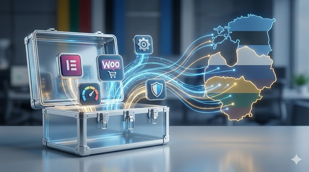 Atidarytas metalinis įrankių lagaminas, iš kurio sklinda šviečiančios WordPress įskiepių ikonos (Elementor, WooCommerce, greitis). Duomenų srautai jungia įrankius su stilizuotu Lietuvos, Latvijos ir Estijos žemėlapio kontūru.