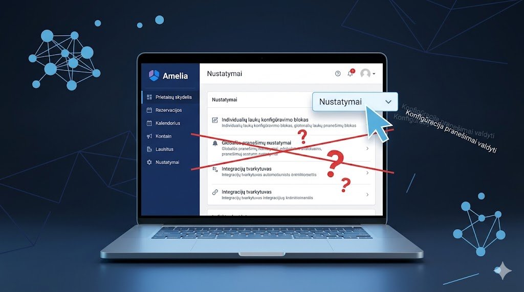 Nuotrauka vaizduojanti nešiojamąjį kompiuterį kuriame didinamasis stiklas su mėlyna rankena išryškina žodį Apmokėti WordPress apmokėjimo puslapyje iliustruojanti lokalizacijos audito procesą tamsiai mėlyname fone su švytinčiais neuroniniais tinklais ir geometrinėmis linijomis B2B inžinerine estetika