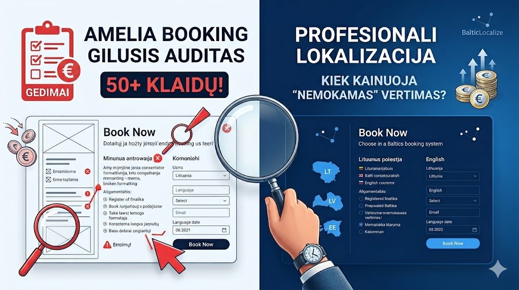 Tinklaraščio įrašo iliustracija padalinta į dvi dalis Kairėje  šviesus Amelia Booking įskiepio audito langas su raudona planšete Gedimai ir skaitikliu 50+ klaidų kurį tyrinėja ranka su didinamuoju stiklu o šalia krenta monetos su euro € simboliu Dešinėje  tamsiai mėlyna pusė su tekstu Profesionali lokalizacija Kiek kainuoja nemokamas vertimas trimis Baltijos šalių kontūrais LT LV EE BalticLocalize logotipu ir kylančia euro monetų krūva