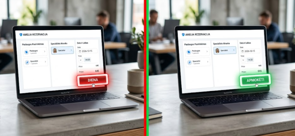 Amelia Booking įskiepio vertimo klaida: mygtukas „Pay“ klaidingai išverstas kaip „Diena“, BalticLocalize pataisyta versija – „Apmokėti“.