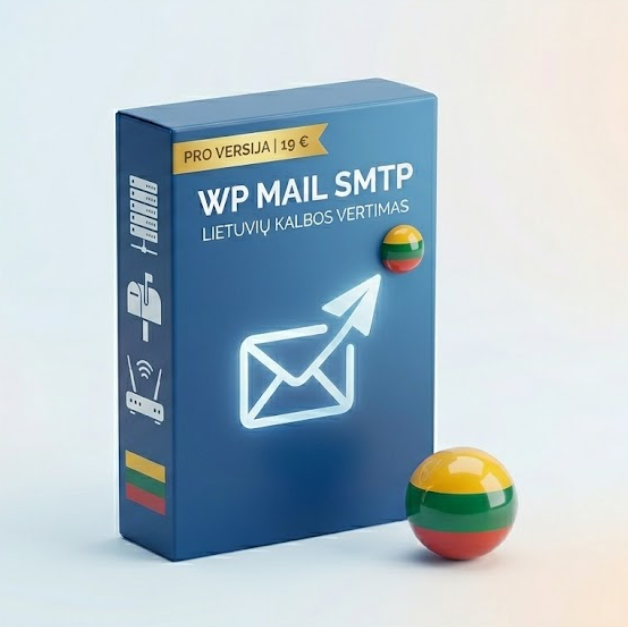 Aukštos kokybės 3D dėžutė vaizduojanti pilną WP Mail SMTP įskiepio lietuvių kalbos vertimo paketą už 19 eurų